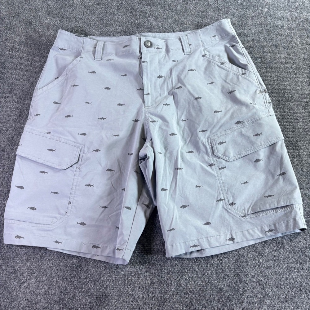 Under Armour Cargo Fishing Shorts Mens 34 Gray Fish Print HeatGear Performance